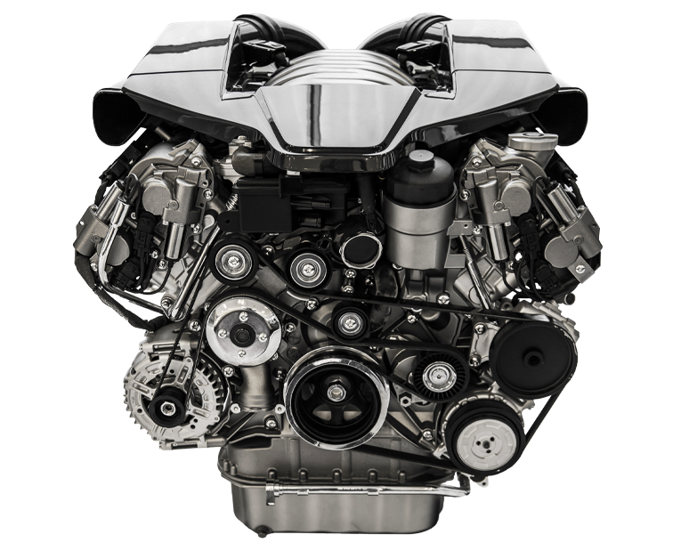 Shiny car engine with visible belts and components, showcasing intricate mechanical design and engineering detail.