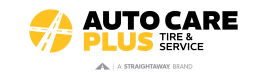 Auto Care Plus logo with yellow circle and road graphic; tire and service slogan included.