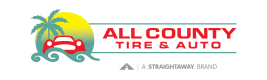 Logo for All County Tire & Auto with red car, palm trees, and sunset background. A Straightaway brand.