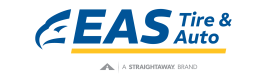 EAS Tire & Auto logo, featuring a blue eagle design and yellow underline, part of A Straightaway Brand
