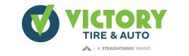 Victory Tire & Auto logo featuring a green checkmark design. A Straightaway brand.