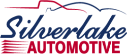 Silverlake Automotive Logo With Stylized Car Silhouette And Red Text Beneath Blue Script.
