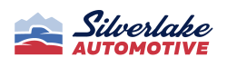 Silverlake Automotive Logo Featuring A Stylized Car And Mountain Design In Red And Blue Colors.