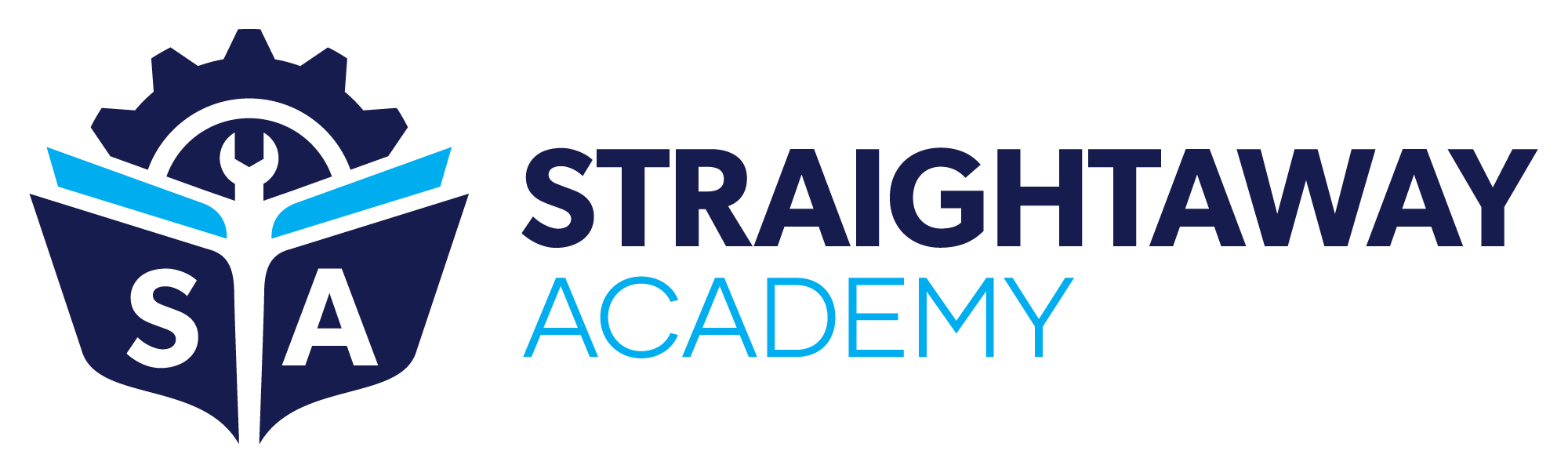 Straightaway Academy logo with gear, book, and wrench design elements.