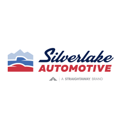 Silverlake Automotive logo with mountain and road icon, part of A Straightaway Brand, in blue and red colors.