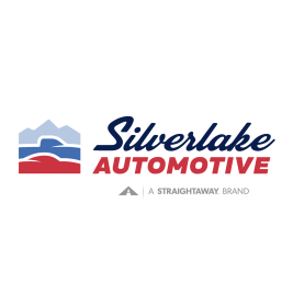 Silverlake Automotive logo with mountain and road icon, part of A Straightaway Brand, in blue and red colors.