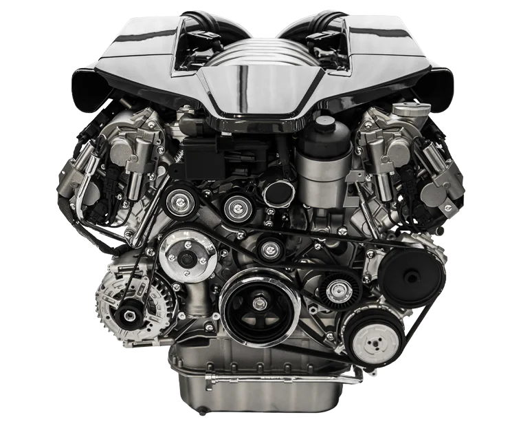 Shiny car engine with visible belts and components, showcasing intricate mechanical design and engineering detail.